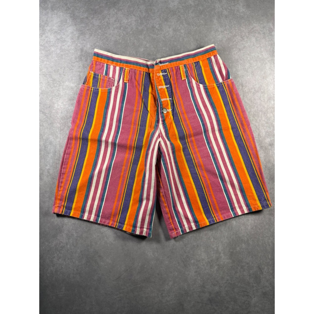 Vintage 80s 90s Fine Jeanswear Women's XL Rainbow Striped Bermuda Shorts USA